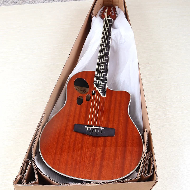 Chitarra acustica elettrica 6 corde con retro rotondo modello Ovation Marrone Chitarra acustica da 41 pollici con design tagliato Chitarra folk elettrica