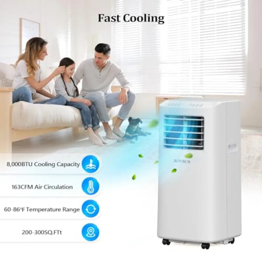 Condizionatore d'aria portatile per casa, ufficio, dormitorio, unità in plastica bianca con raffreddamento da 8000 BTU, telecomando, 3-in-1 AC/ventilatore/deumidificatore