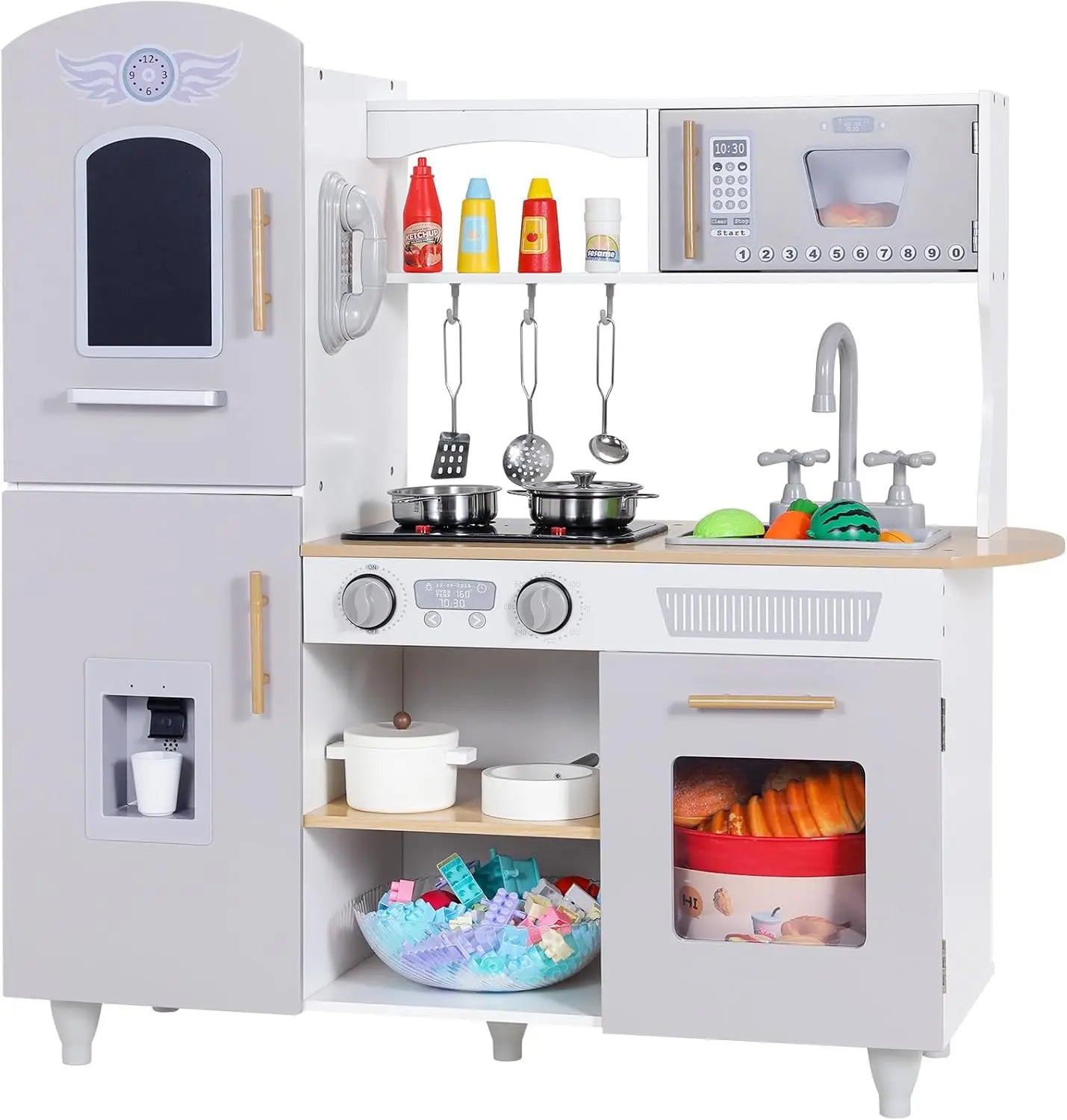 Set da cucina per bambini piccoli, set da gioco da cucina giocattolo in legno con veri luci e suoni, frigorifero a doppia porta, produttore di ghiaccio e pentole