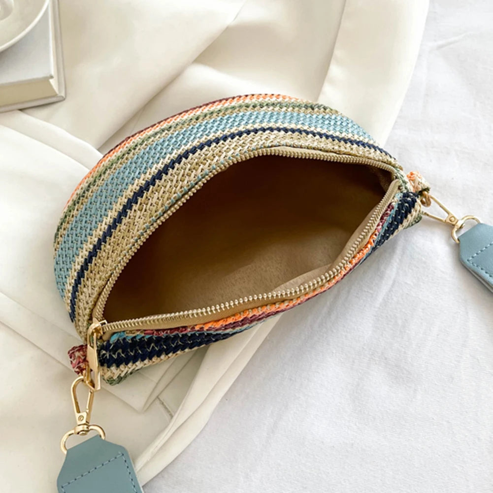 Marsupio a righe arcobaleno, marsupio da donna alla moda, borsa a tracolla intrecciata, casual, con tracolla regolabile, semplice, portatile, colorato, per weekend e vacanze