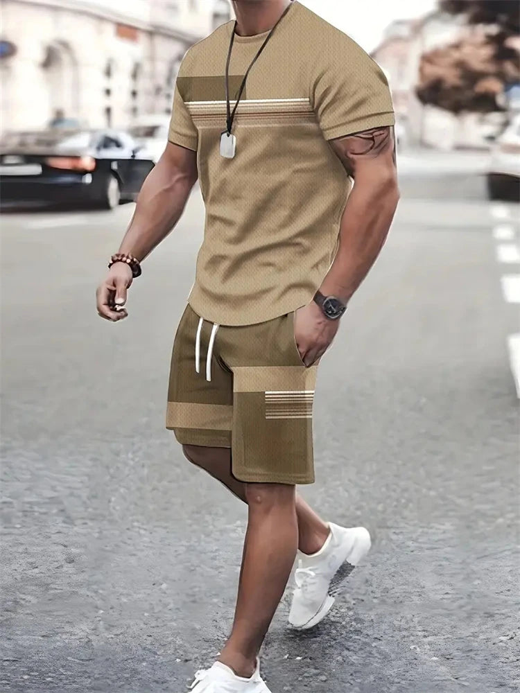 T-shirt a maniche corte con stampa a righe da uomo estiva Pantaloncini in vita elastica Set da 2 pezzi Set di pantaloncini con tasche T-shirt allentata con o-collo taglie forti