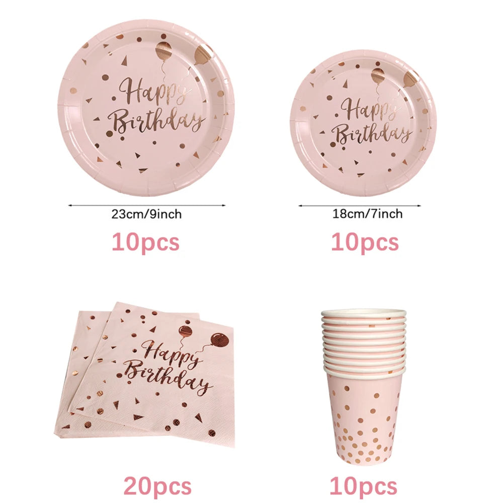 Set di stoviglie usa e getta per compleanno Rosa Oro rosa Piatti bianchi Tazze Tovaglioli Tovaglia Decorazione festa di compleanno per ragazza Baby Shower