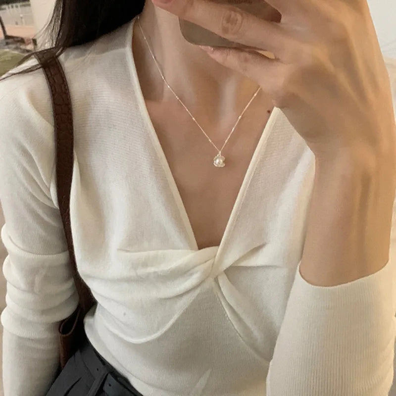 Collana con ciondolo conchiglia di perle per donna, temperamento delicato ed elegante, girocollo, catena, gioielli per feste in ufficio, regalo di compleanno