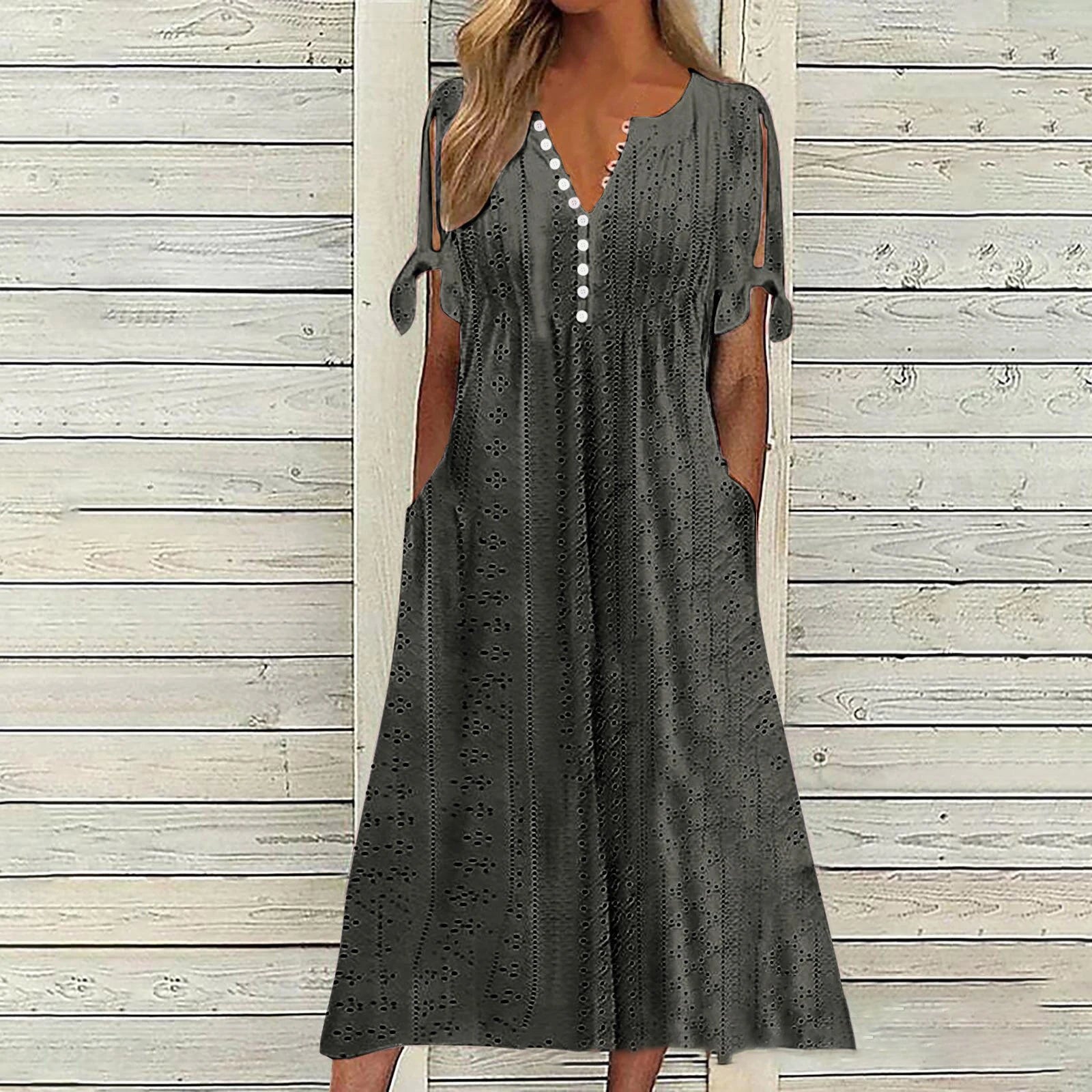 Abito Midi Estivo da Donna Boho con Occhielli e Spalle Scoperte, Maniche Corte, Scollo a V, Bottoni, Vestibilità Ampia, Stile Casual a Trapezio con Tasche