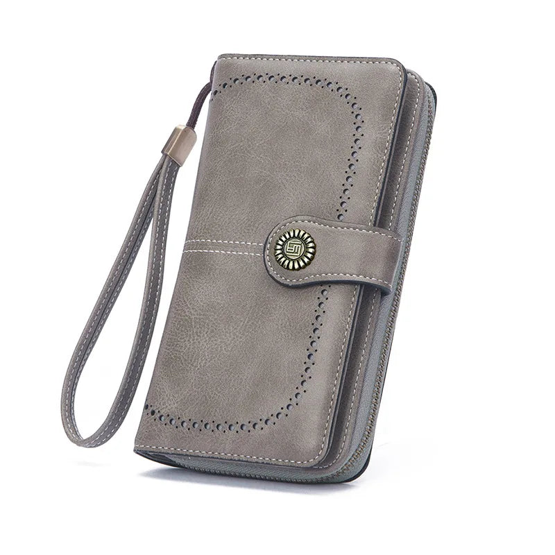 Borsa a mano in pelle cerata con blocco RFID, porta carte di credito multifunzionale a doppia piega, portafoglio da donna lungo retrò di grande capacità
