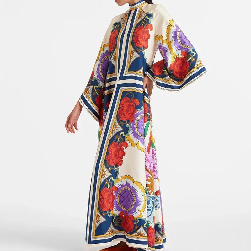 Elegante Abito Lungo a Maniche Lunghe per Feste, Vestito Vintage con Stampa Floreale, Abito Bohémien da Donna con Collo Alto e Vita Alta