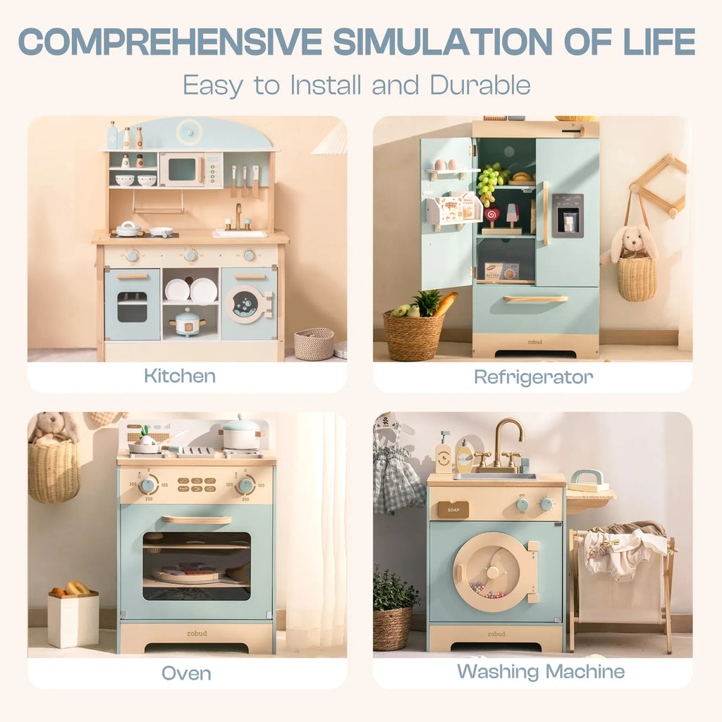 Cucina Giocattolo in Legno Robud per Bambini, Set Completo ad Angolo con Forno, Frigorifero e Lavatrice, Regalo di Compleanno Perfetto per Piccoli Chef