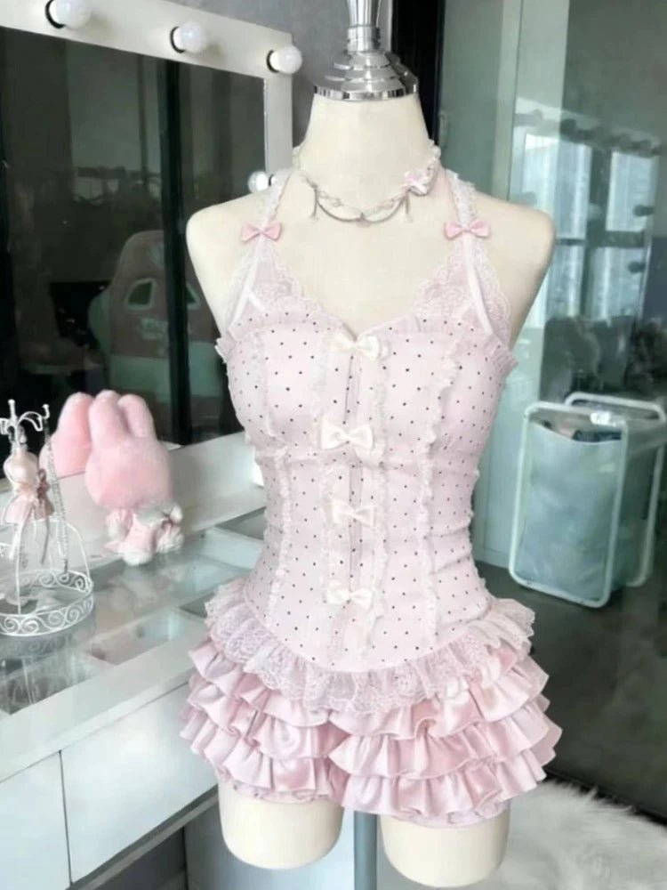Abito stile francese dolce e carino con giunture a pois, fiocco in pizzo, abiti alla moda coreani, nuovo design, vita sottile, mini abito Y2k da donna