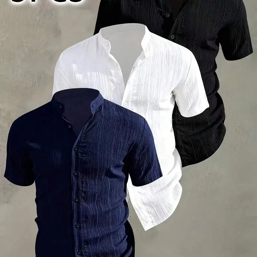 3 pezzi di camicie estive casual da uomo a maniche corte con colletto rialzato, con bottoni, in poliestere, per viaggi in spiaggia e attività all'aperto