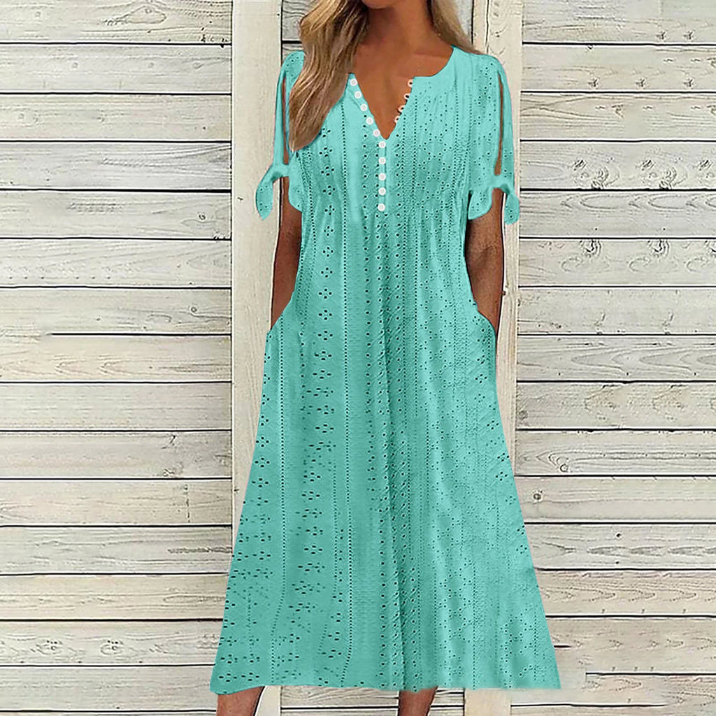 Abito Midi Estivo da Donna Boho con Occhielli e Spalle Scoperte, Maniche Corte, Scollo a V, Bottoni, Vestibilità Ampia, Stile Casual a Trapezio con Tasche