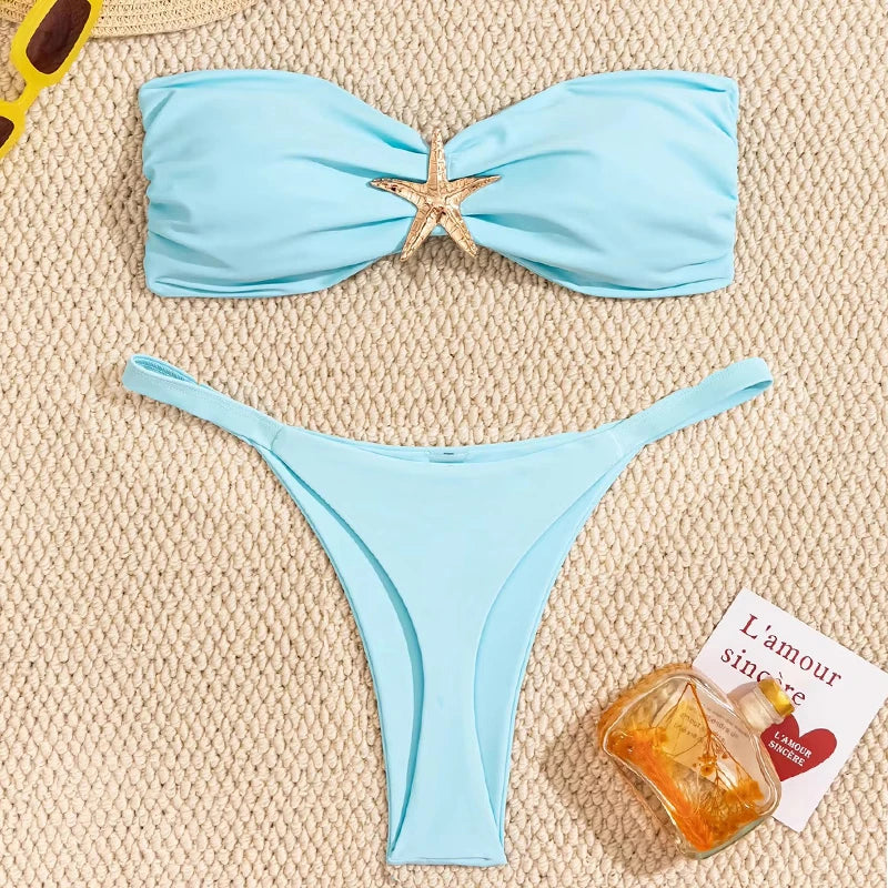Costume da bagno sexy a fascia 2026 da donna, blu cielo con ornamento a stella marina, push-up, perizoma brasiliano, micro bikini da spiaggia