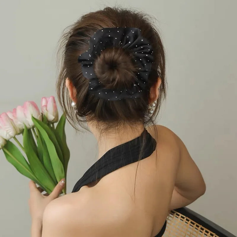 2023 Moda donna Scrunchie in seta con strass Fascia elastica per capelli in raso Ragazze Grande cravatta per capelli Balck Croccante per accessori per capelli