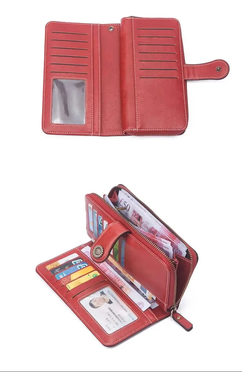 Borsa a mano in pelle cerata con blocco RFID, porta carte di credito multifunzionale a doppia piega, portafoglio da donna lungo retrò di grande capacità