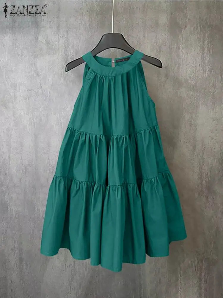 ZANZEA Abito estivo senza maniche a strati con scollo all'americana Donna Coreano con volant Patchwork Abito da spiaggia O-Collo Vestito estivo allentato Sweety Party Vestido