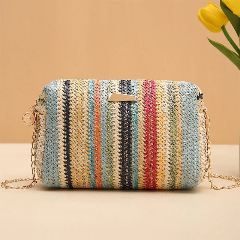 Borsa di paglia da donna in maglia di Rattan borsa da spiaggia con catena estiva piccola borsa e borsa a tracolla da donna borsa a tracolla con Design da viaggio