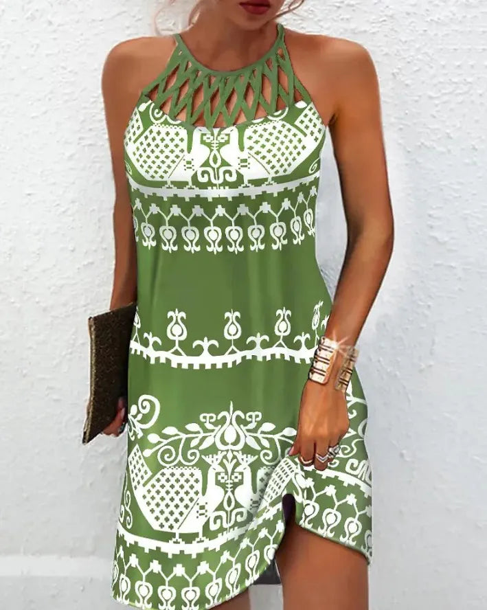 Abito Boho sexy per donna Mini abito da spiaggia Abito alla moda Donna Estate senza maniche Hollow Elegante abito da festa Stampa Vestido 2023