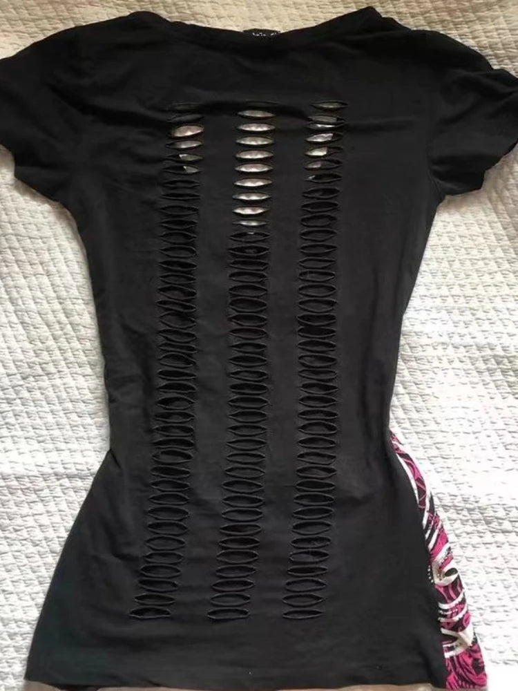 Estate giapponese retrò scava fuori design abbigliamento donna Y2k magliette punk slim manica corta T-shirt gotica Harajuku cerniera top nuovo