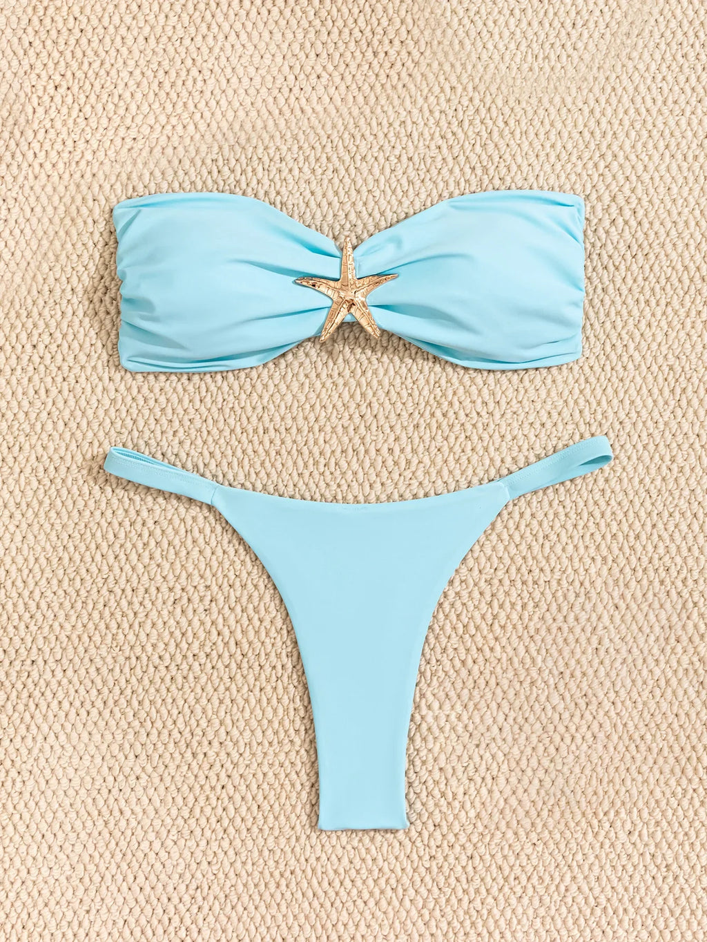 Costume da bagno sexy a fascia 2026 da donna, blu cielo con ornamento a stella marina, push-up, perizoma brasiliano, micro bikini da spiaggia