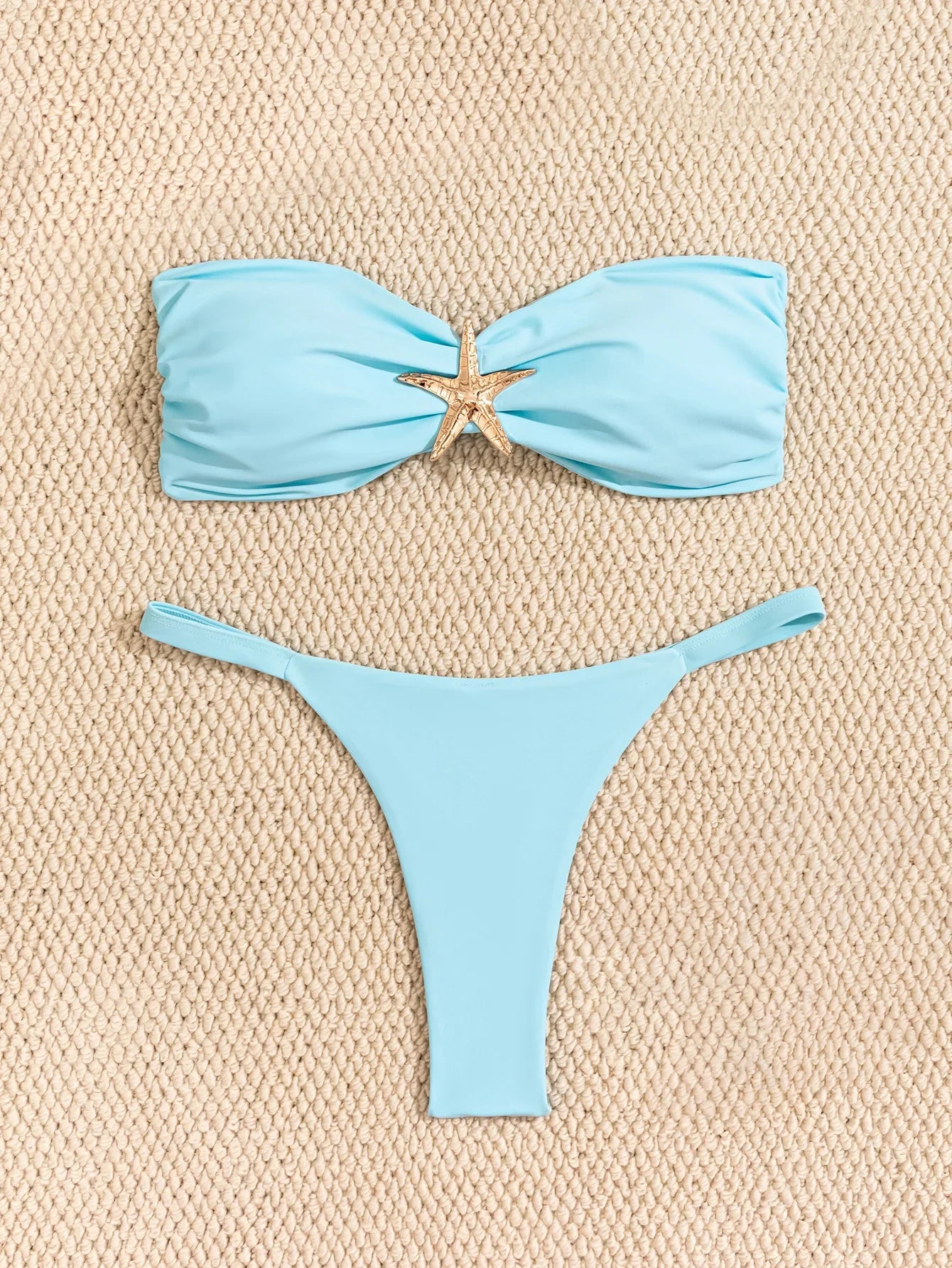 Costume da bagno sexy a fascia 2026 da donna, blu cielo con ornamento a stella marina, push-up, perizoma brasiliano, micro bikini da spiaggia