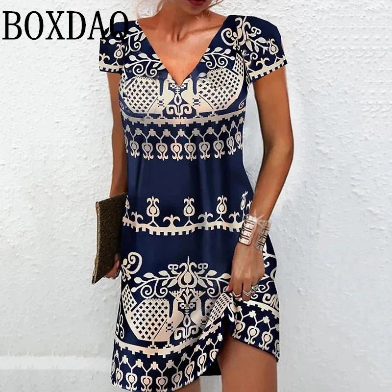 Abito Vintage con stampa etnica per donna 2024 scollo a v manica corta abiti larghi taglie forti abito floreale Casual moda prendisole