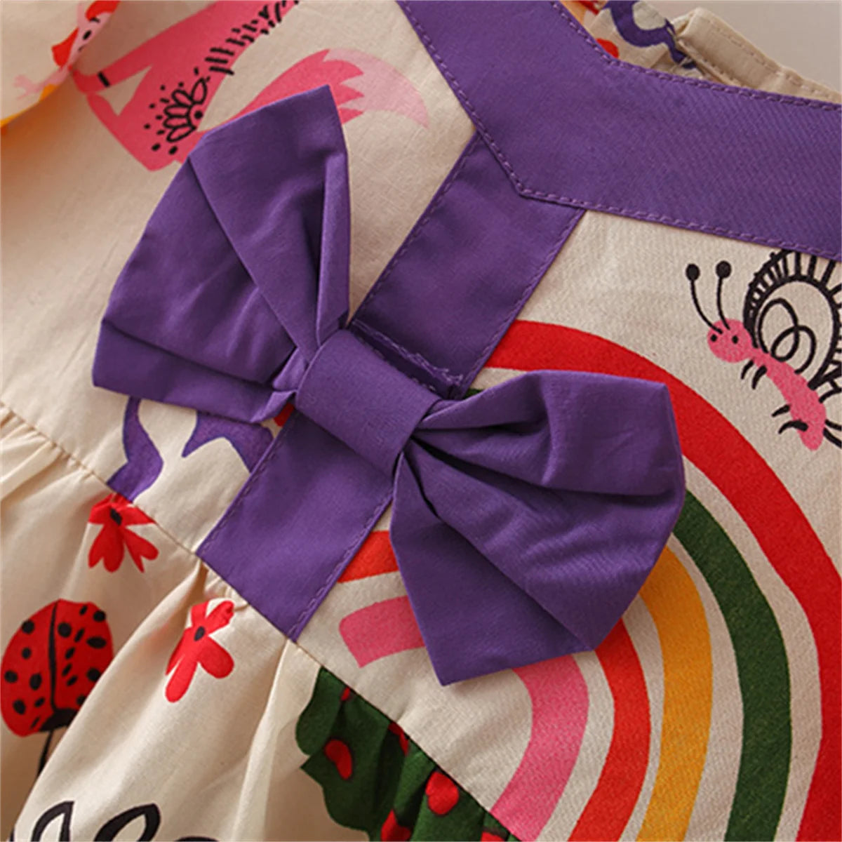 Abito da ragazza di 0-3 anni, decorazione estiva con fiocco con stampa animalier arcobaleno a cartoni animati, gonna ampia a maniche corte