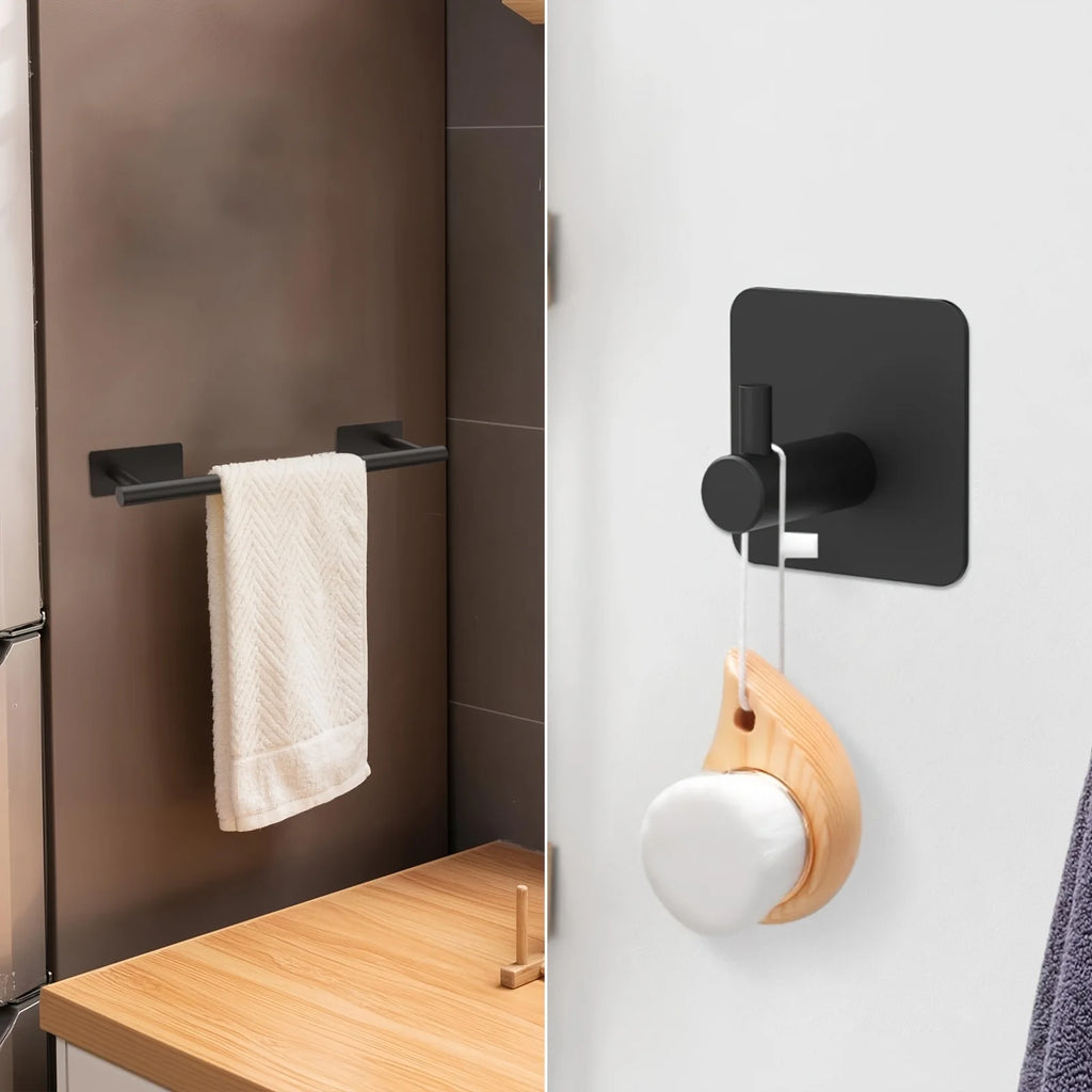 6pcs Stainless Steel Bathroom Accessory Set No-Drill Towel Rack Tissue Holder And Hooks Combo for Bathroom Organizer and Storage