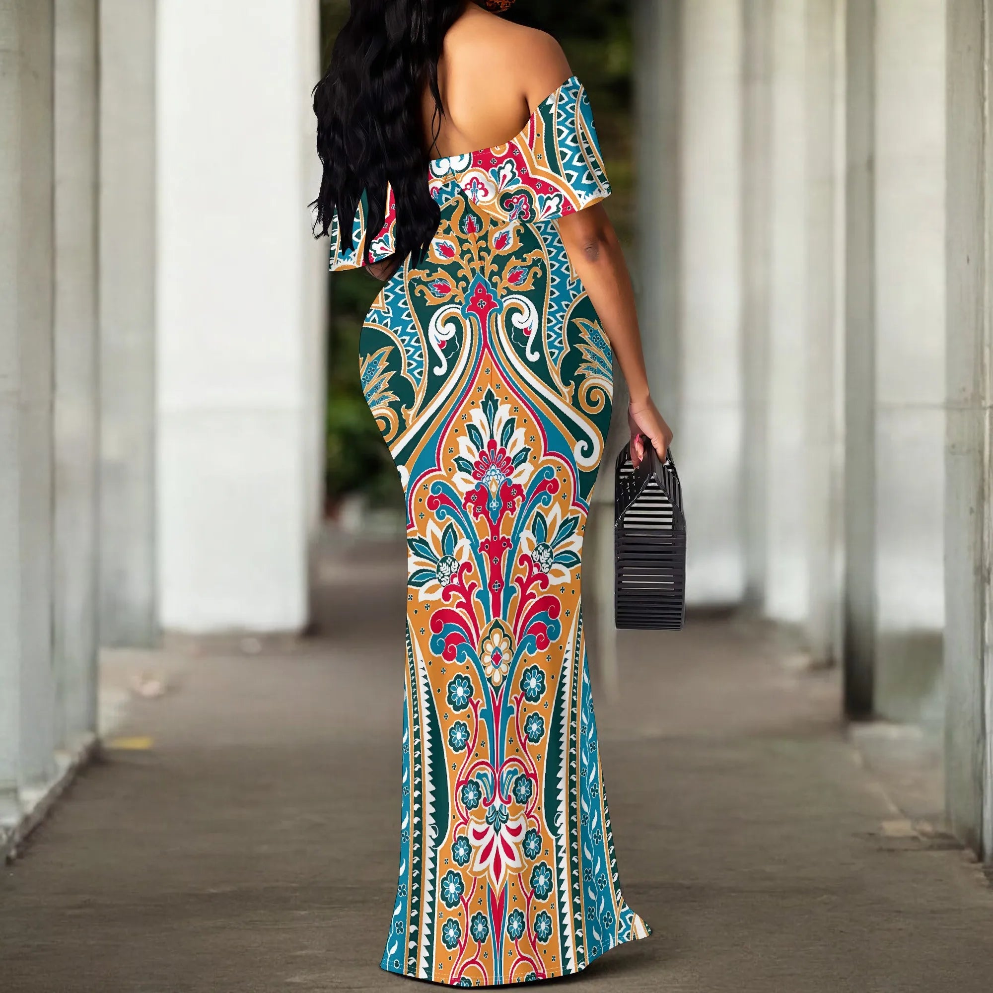 Abito lungo con spalle scoperte con stampa paisley vintage colorata Abiti estivi eleganti per feste taglie forti
