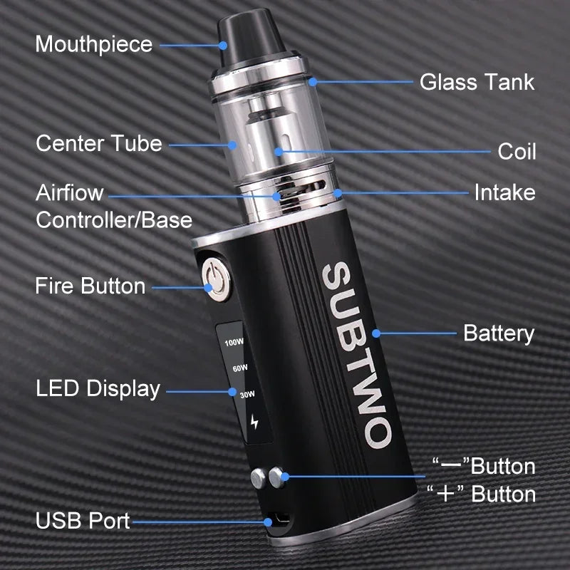 SUBTWO 100W Vape Box Mod Kit sigarette elettroniche 30W/60W/100W Batteria con regolazione dell'alimentazione con penna per fumo Vaper atomizzatore inferiore da 0,3ohm 2,5ml