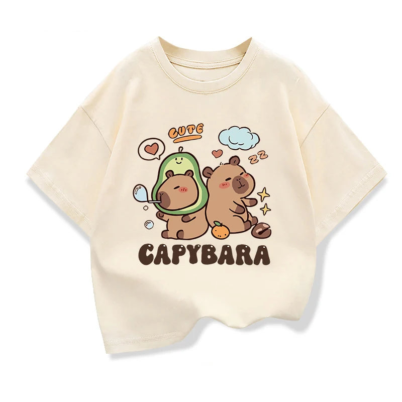 2025 Nuovi bambini Camicie Capibara Stampato Cartoon T Shirt per le ragazze Estate Stampa animale Ragazzo T Shirt Top Tees Abbigliamento per bambini