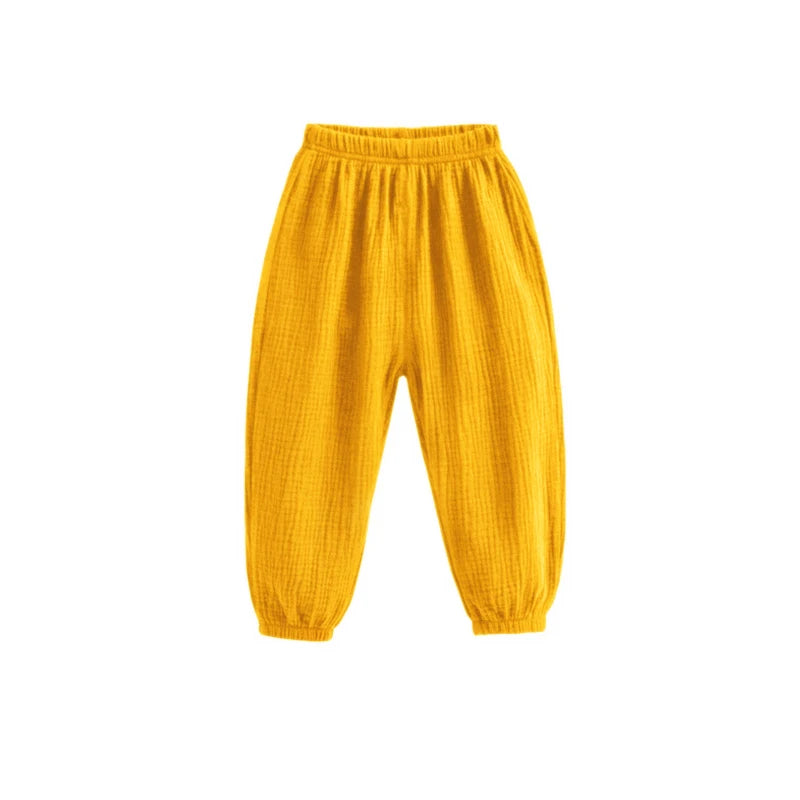 Pantaloni estivi per bambini coreani Pantaloni casual per ragazze Ragazzi in cotone e lino Tinta unita Pantaloni larghi a pieghe Pantaloni Harem a vita alta per ragazze