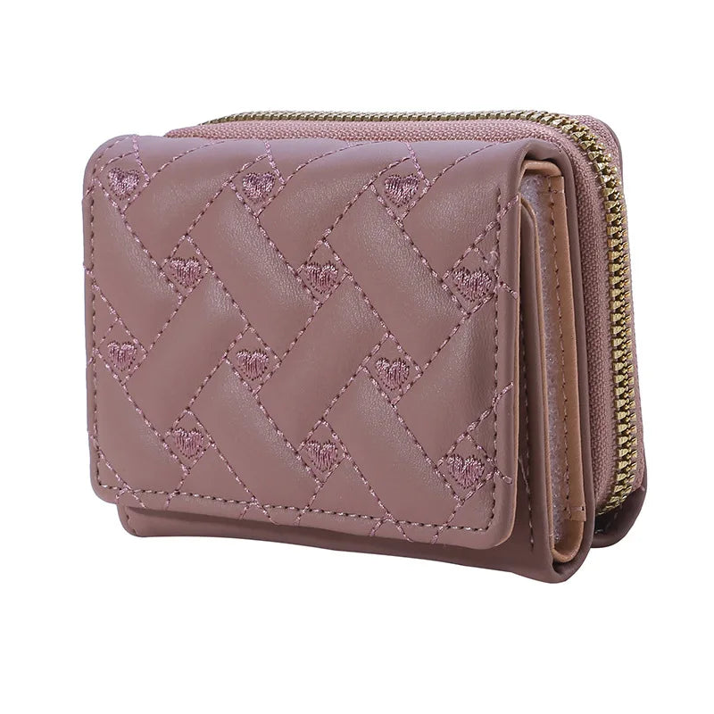 Portafoglio da donna per pelle PU moda ricamato amore tri-fold piccolo portafoglio porta carte portamonete multi-slot per carte interno rosa