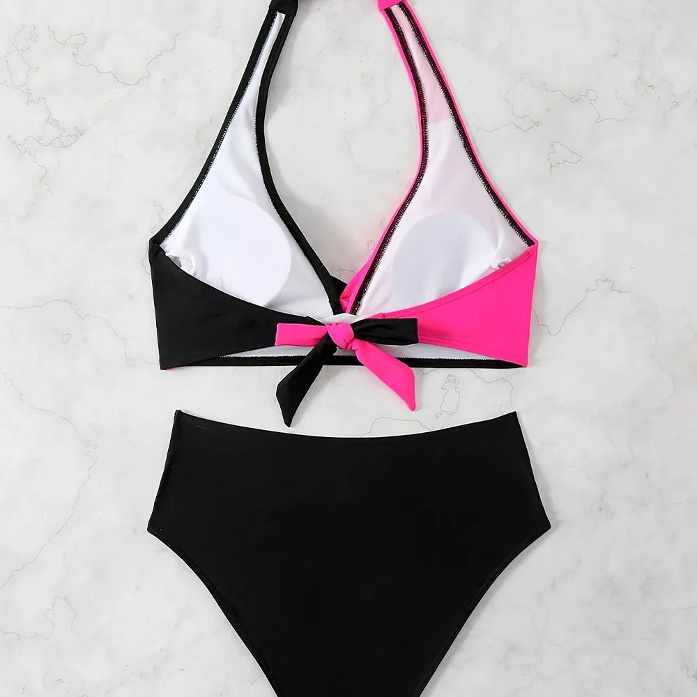 Costume da bagno bikini da donna sexy, due pezzi, color block, con laccetti, vita alta, senza schienale, regalo