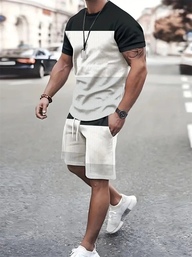 T-shirt a maniche corte con stampa a righe da uomo estiva Pantaloncini in vita elastica Set da 2 pezzi Set di pantaloncini con tasche T-shirt allentata con o-collo taglie forti
