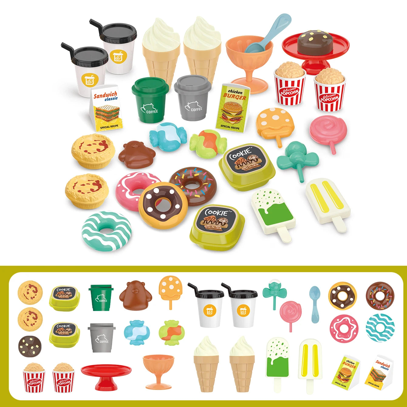 Giochi per bambini: giochi di finzione, barbecue, fast food, pizza, sushi, tè pomeridiano, dessert, cibo da cucina, set di giocattoli
