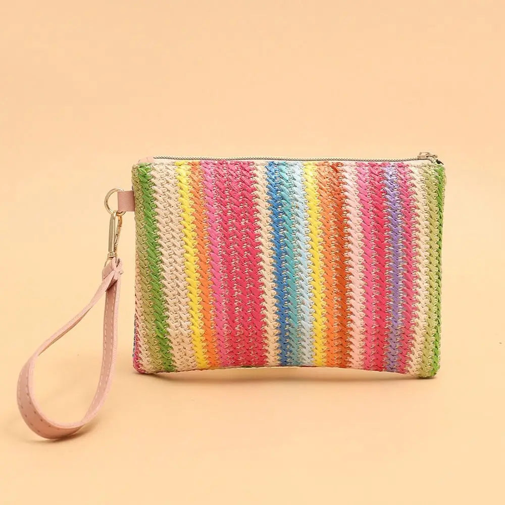 Borsa Intrecciata in Paglia Colorata alla Moda, Stile Retrò Bohémien, Portamonete da Polso