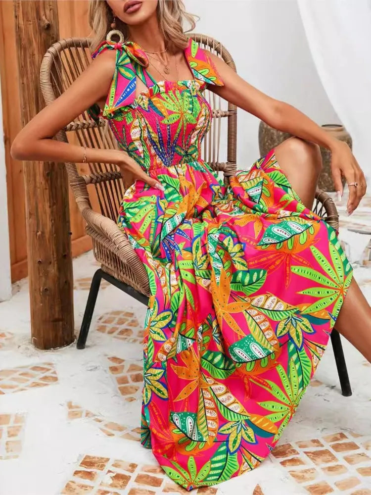 Abito da donna floreale con stampa estiva Abito lungo allentato casual elegante con cinturino per spaghetti per le donne Nuovo abito da festa per le vacanze