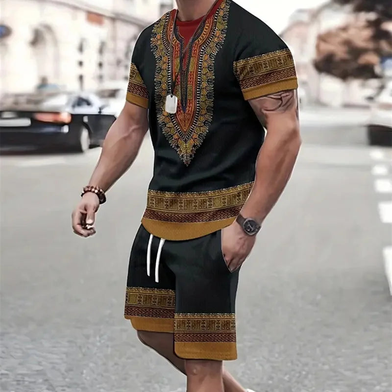 2024 Moda Uomo Abbigliamento sportivo T-shirt a maniche corte e pantaloncini sportivi Estate Casual Vintage Patchwork Suit Abito a due pezzi da uomo