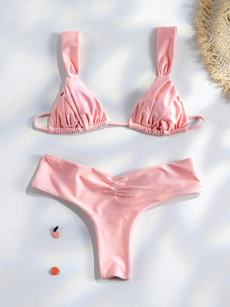 Costume da bagno bikini con pieghe sexy Micro bikini solido Costume da bagno donna Triangolo femminile Costume da bagno da spiaggia
