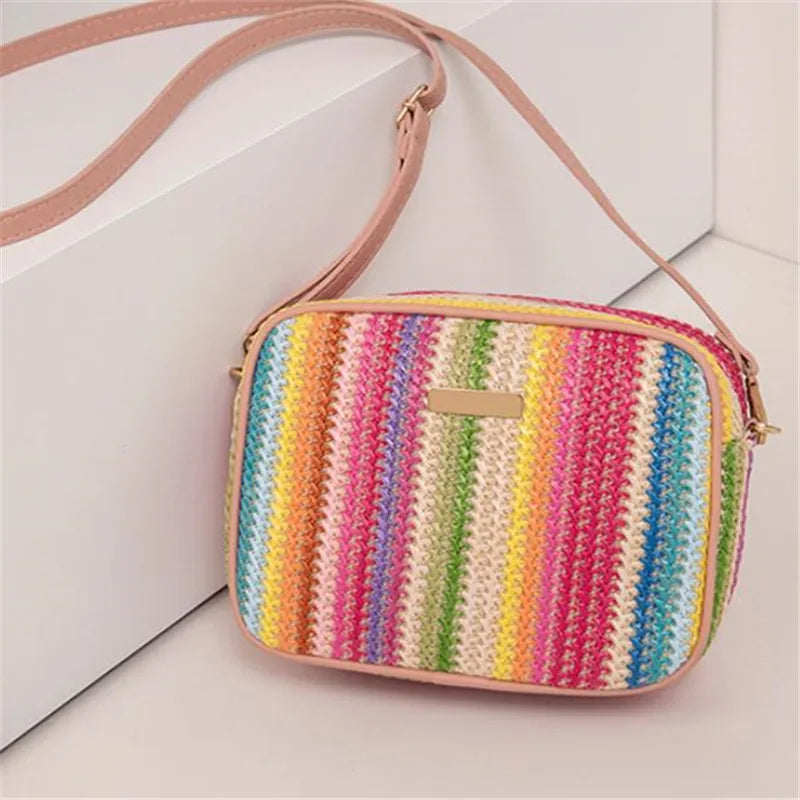 Borse da donna alla moda, tessitura alla moda e artistica, borse intrecciate in paglia multicolore, borse a tracolla in stile etnico, borse da donna