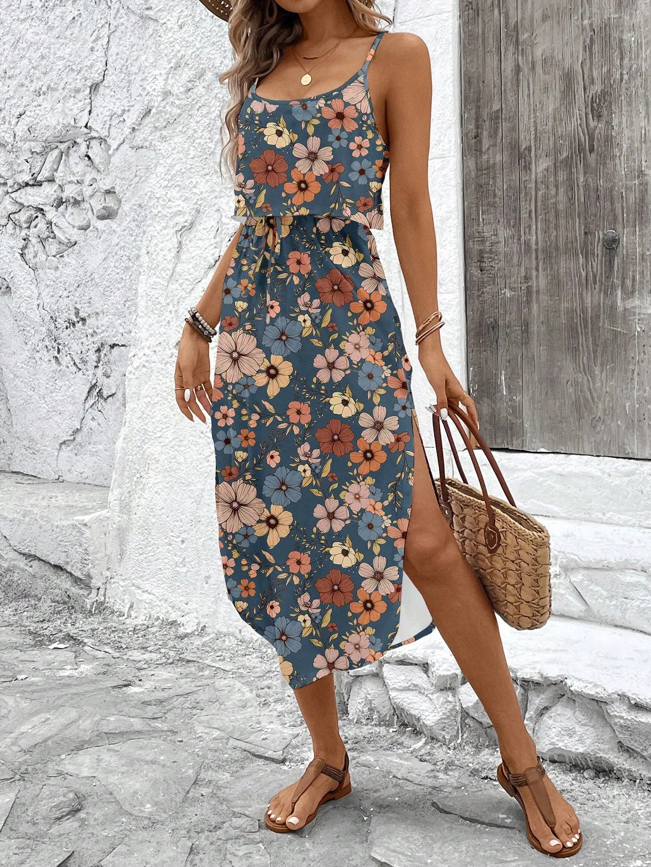 Abito estivo da donna con cinturino spaghetti con cintura e spacco laterale - Abito fluido casual senza maniche