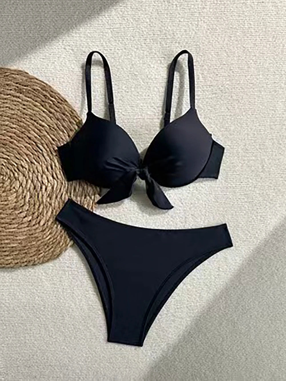 2026 Sexy Bikini a Due Pezzi con Lacci Frontali da Donna, Tinta Unita, Push-Up, Vita Media, per Vacanze e Spiaggia