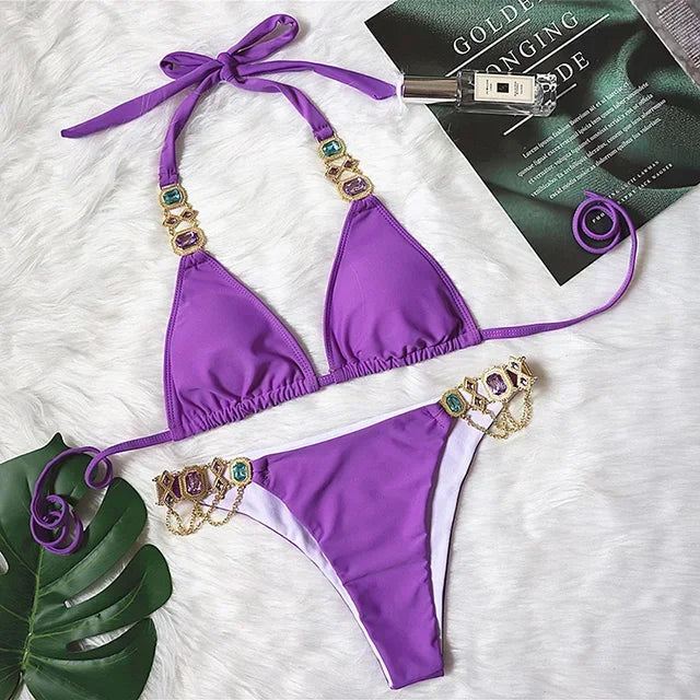 Catene di metallo con scollo all'americana Strass Diamante Bikini Costume da bagno donna Costumi da bagno femminili Due pezzi Bikini set Costume da bagno brasiliano Swim
