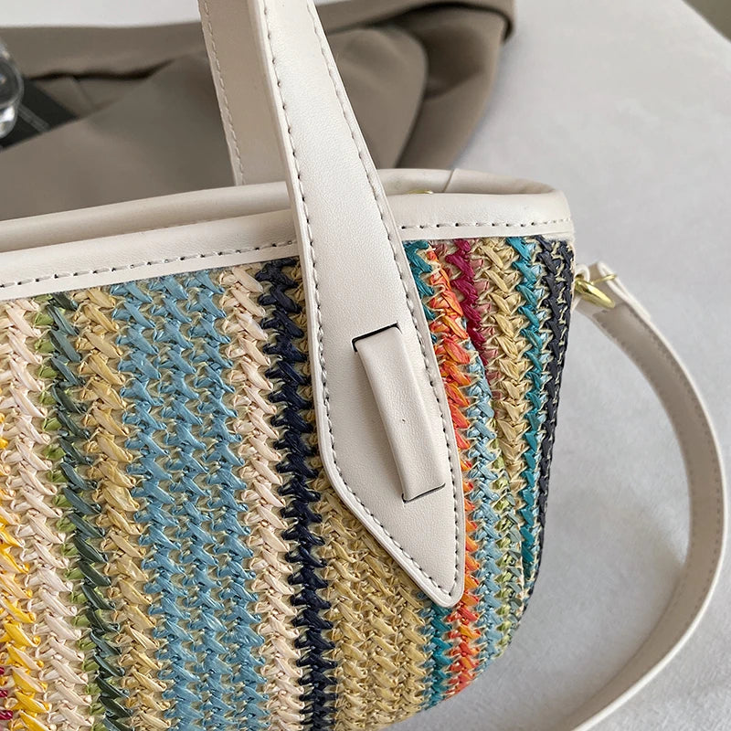 Borsa Mini Tote in Paglia a Righe Bohemien da Donna, Borsa a Tracolla Intrecciata Colorata con Manico Superiore per Viaggi Estivi in Spiaggia