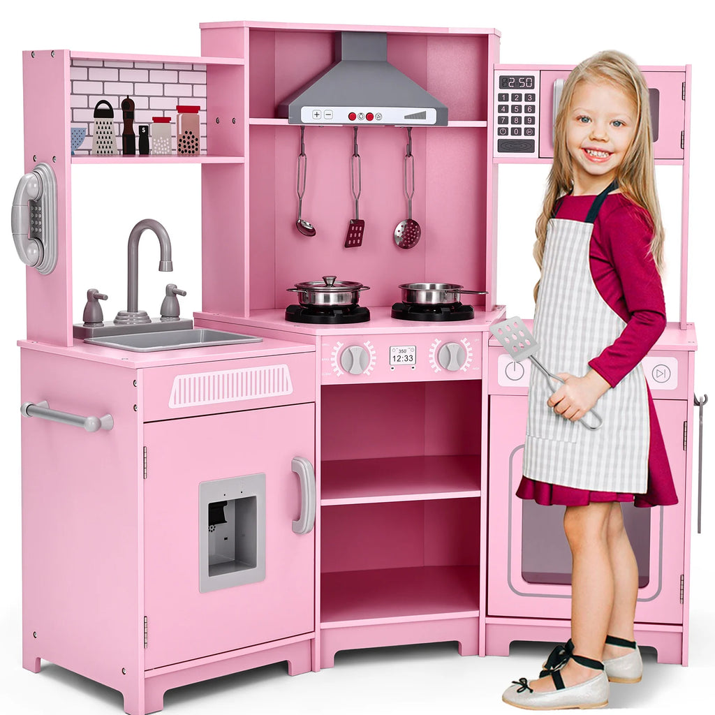 Cucina per bambini JOYLDIAS in legno, cucina giocattolo XXL ad angolo con suoni e luci, cucina giocattolo incl. accessori. Forno a microonde e forno per bambini