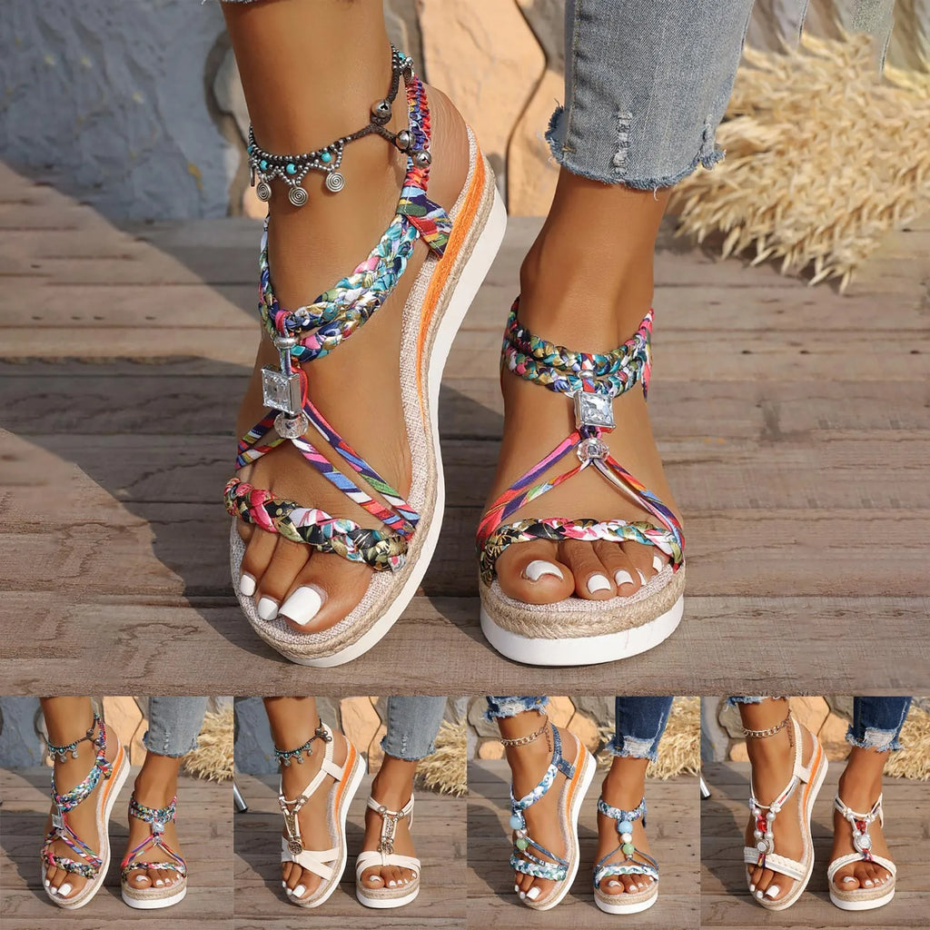 Sandali alla moda da donna con zeppa intrecciata e stampa colorata, comodi e traspiranti, scarpe da spiaggia per le vacanze da donna