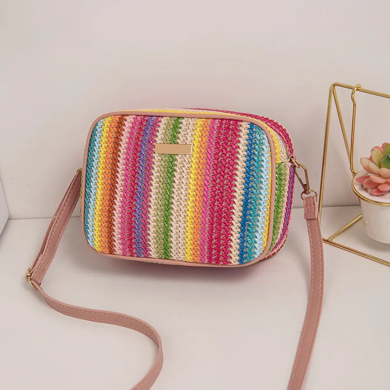 Borse da donna alla moda, tessitura alla moda e artistica, borse intrecciate in paglia multicolore, borse a tracolla in stile etnico, borse da donna