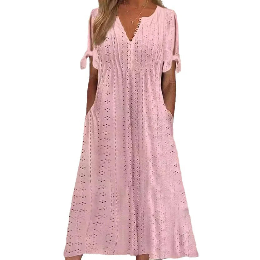 Abito Midi Estivo da Donna Boho con Occhielli e Spalle Scoperte, Maniche Corte, Scollo a V, Bottoni, Vestibilità Ampia, Stile Casual a Trapezio con Tasche