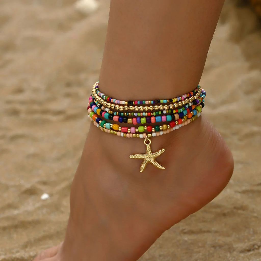 Set da 6 pezzi Cavigliera con stella marina in rilievo con sfera rotonda in acrilico da spiaggia estiva per donna Accessorio per le vacanze con gioielli multistrato di tendenza retrò