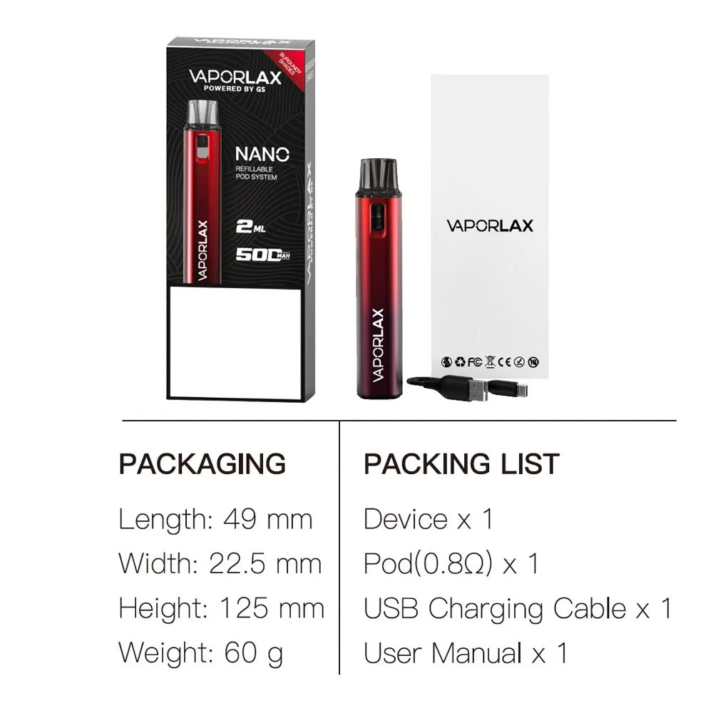 VaporLax Nano Kit sistema pod ricaricabile Sigaretta elettronica Batteria da 500 mAh 2.0 ml 0,8ohm Cartuccia a spirale a rete Atomizzatore Penna Vape