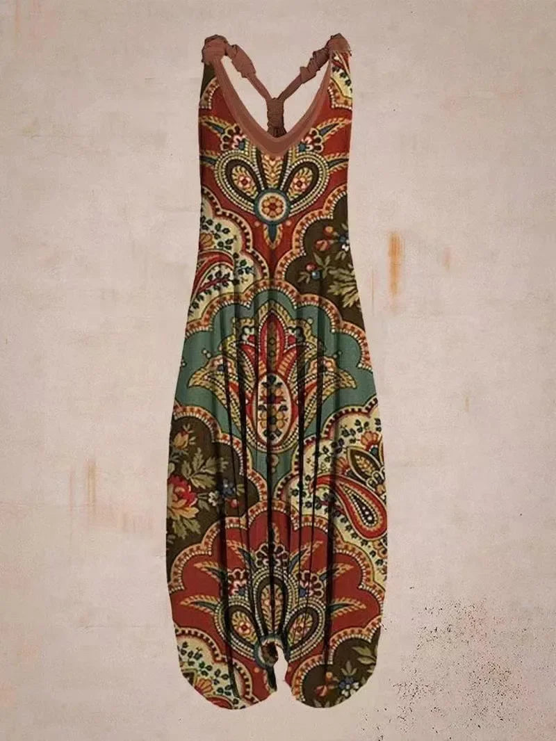 Tuta generale allentata bohémien a gamba larga Mandala etnico Stampa paisley vintage Pagliaccetti da donna Tutina harem senza schienale